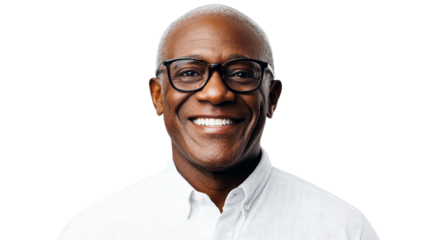 Mature man with eyeglasses smiling, full face view, cut out transparent