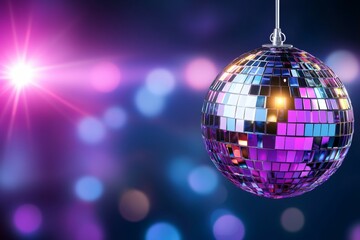 Obraz premium Disco ball is suspended from a string in a room with a purple background
