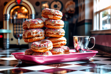 A tall stack of delicious iced donuts with colorful sprinkles is served on a pink tray beside a metal cup in a retro diner setting.