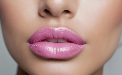 Fototapeta premium Sexy pink lips close up. Beautiful Perfect Makeup. macro. Beautiful pink Lip Gloss