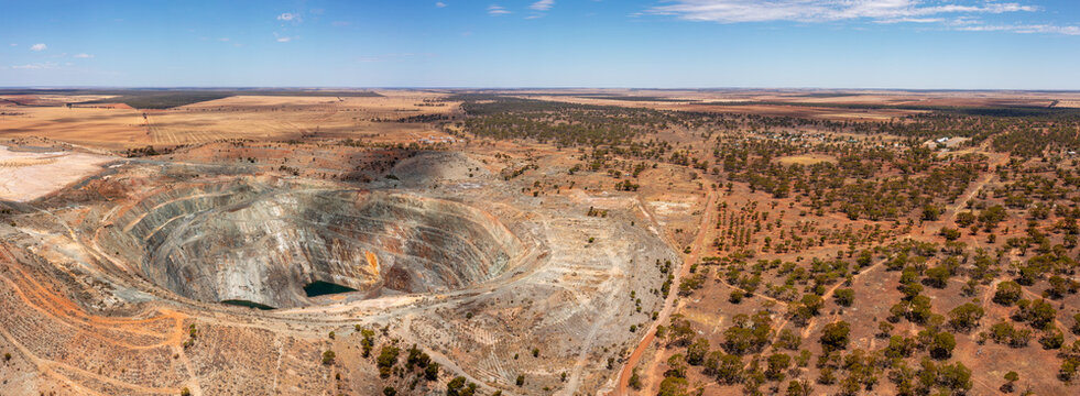 Panorama of a gold mine in the outback, Aerial View in the Earth Hole, "Bullfinch" in Western Australia, Australia