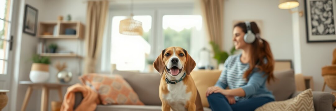 A cute beagle sits attentively on a couch in a bright living room - Powered by Adobe