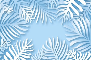 Light blue background framed by decorative white paper cut palm leaves