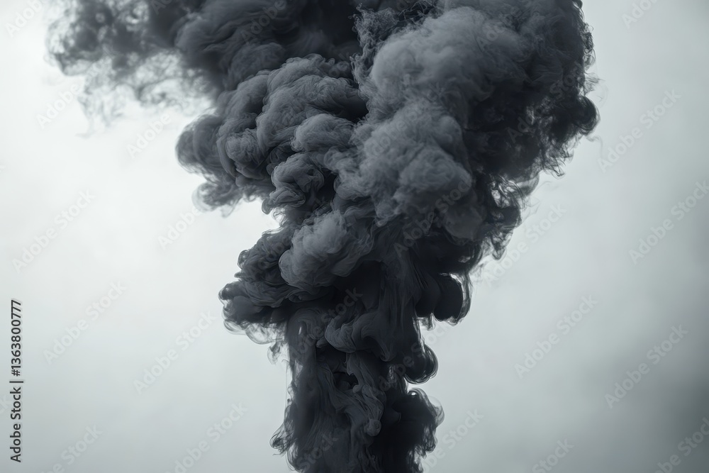 Poster Close-up view of swirling black smoke creating intricate textures and patterns against a stark white background
