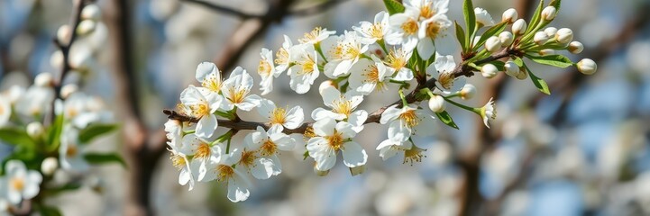 Fototapeta premium Blooming cherry tree branches with delicate white flowers in a sunny spring setting