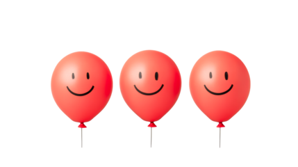 Three cheerful red balloons with smiley faces on black, cut out transparent