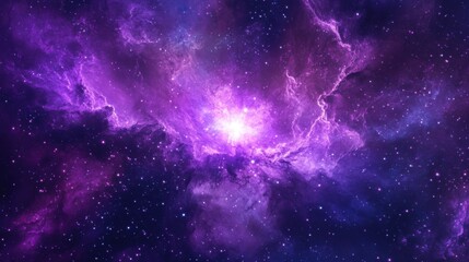 Fototapeta premium Vibrant purple nebula with a bright glowing center and scattered stars, cosmic space art, deep violet tones.