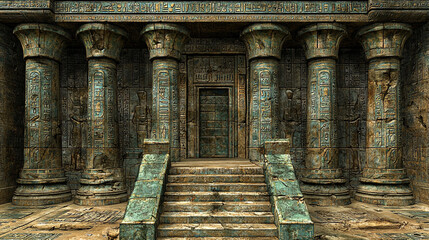 Ancient temple entrance, stone columns, hieroglyphs, desert background, historical exploration