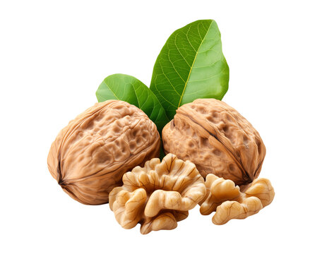 Whole and cracked walnuts with kernels, walnuts on transparent background