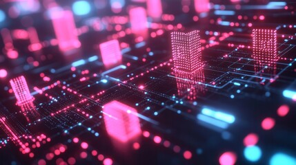 Obraz premium Abstract technological landscape glows with pink and blue networked lights
