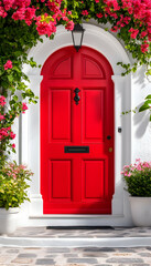 Fototapeta premium Vibrant red door framed by flowering plants on a white wall