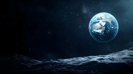 Pixelated Earth floating in a starry dark space above a textured surface