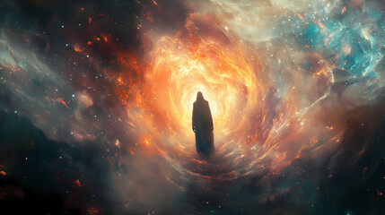 A scene where a shaman is enveloped in a cocoon of light, symbolizing his transformation as he trave. Nebula Cocoon. Illustration