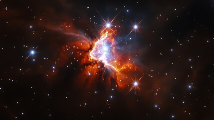 Fiery cosmic nebula with bright stars.