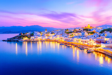 Vibrant sunset over a picturesque coastal town with illuminated buildings and calm waters (1)