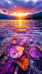 Vibrant sunset over calm lake, illuminating colorful underwater rocks