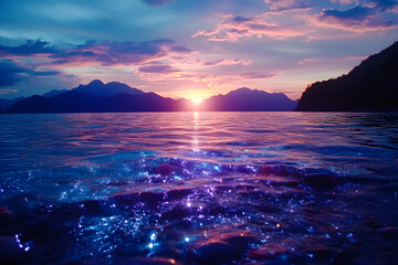 Vibrant sunset over calm ocean, mountains silhouetted against colorful sky