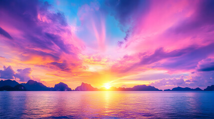 Vibrant sunset over calm ocean with colorful clouds
