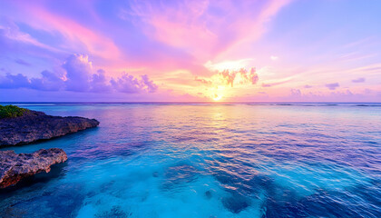 Vibrant sunset over calm ocean with rocky shoreline