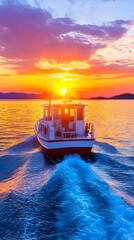 Vibrant sunset over calm sea, small boat cruising
