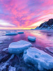 Vibrant sunset over calm sea with ice floes