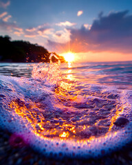 Vibrant sunset over ocean waves, close-up of foamy water