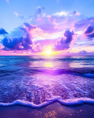 Vibrant sunset over tranquil ocean waves on a sandy beach