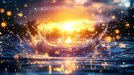 Vibrant sunset reflected in water splash