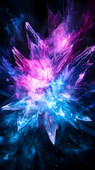Vibrant, swirling, crystalline explosion of pink and blue light against a black background