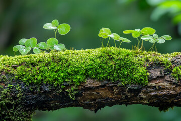A close up of a moss covered log with a bunch of small plants
