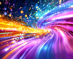 Vibrant swirling light streaks with gold and purple hues, creating a dynamic energy vortex