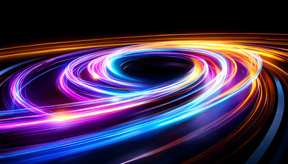 Vibrant swirling light trails on black background