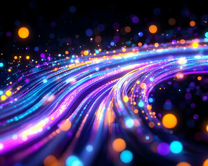 Vibrant, swirling light trails with bokeh effect on black background