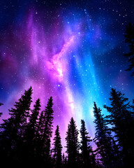 Vibrant aurora borealis lights illuminate a night sky above a dark coniferous forest