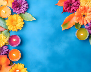 Vibrant autumn flowers, leaves, and candles on a blue background