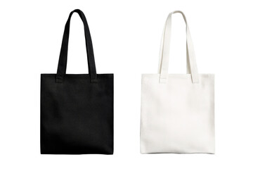Black and white tote bags, isolated on black, cut out transparent
