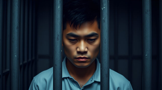 An Asian male prisoner in a cell behind bars. Chinese guy behind bars. The pain and suffering of the prisoner. Judgment. Hopelessness. - Powered by Adobe