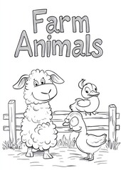 Obraz premium Farm Animals Coloring Book Page With Sheep & Ducks