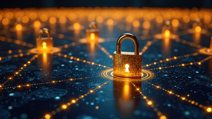 Secure digital locks illuminate network of connections, symbolizing cybersecurity and data protection