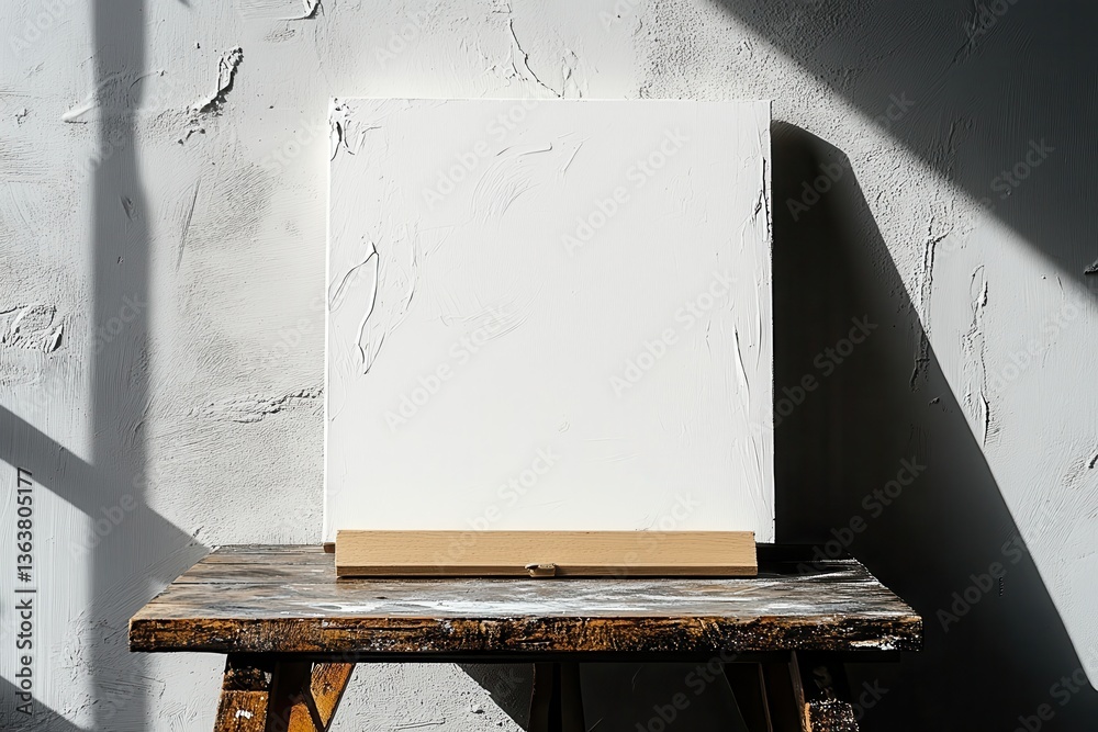 Poster Blank canvas with texture on wooden easel against textured wall for minimalist product display in neutral lighting