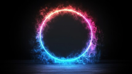 Neon Circle Abstract Art: Glowing Ring with Vibrant Colors and Smoky Effects