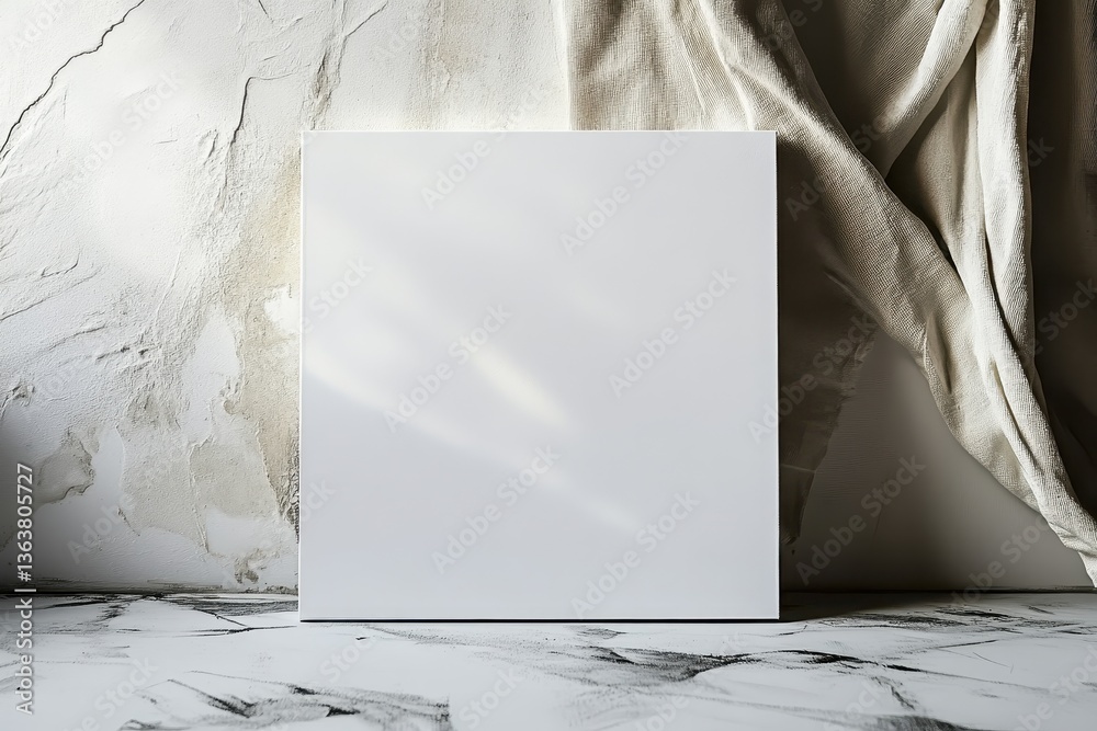Poster blank canvas with texture on wooden easel against textured wall for minimalist product display in ne