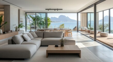 Luxury living room with panoramic ocean views is stunning
