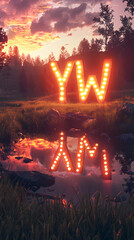 Dusk Representation of the 'YW' Chat Slang in an Illuminated Public Park Setting