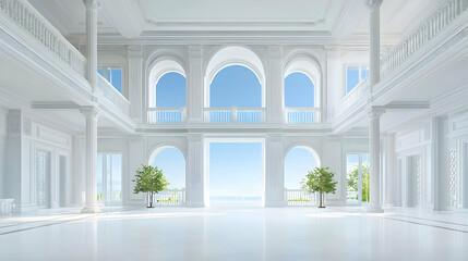 Fototapeta premium Grand White Hall With Ocean View