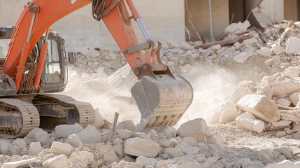 Demolition Excavator Clearing Rubble and Debris at Construction Site