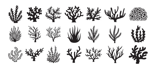 Coral silhouettes, seaweed black icon. Abstract organic corals shape, underwater plant, sea doodle. Cartoon marine floral isolated set  © Yanka
