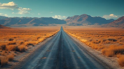 Dramatic perspective of a solitary road stretching through an arid landscape towards distant mountains.