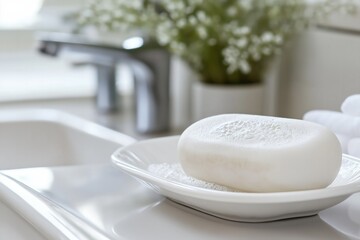 White soap bar with suds in a modern bathroom setting  