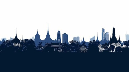  Bangkok city skyline illustration featuring temples and modern buildings against a white background